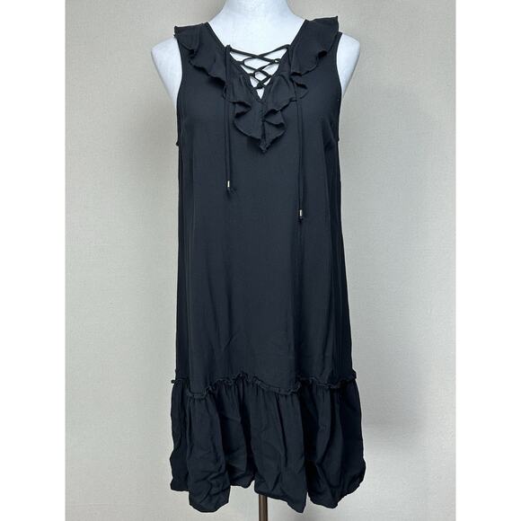 Kelly Renee Black Sleeveless Rayon Dress Ruffle size Medium Lace Up Whimsy Goth - Picture 1 of 12